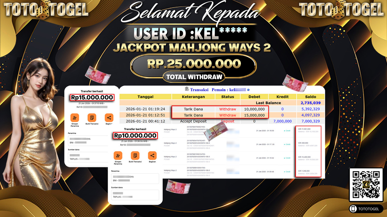 Bukti Pembayaran Jackpot Permainan Slot Mahjong Ways 2 ID:KEL*****LUNAS