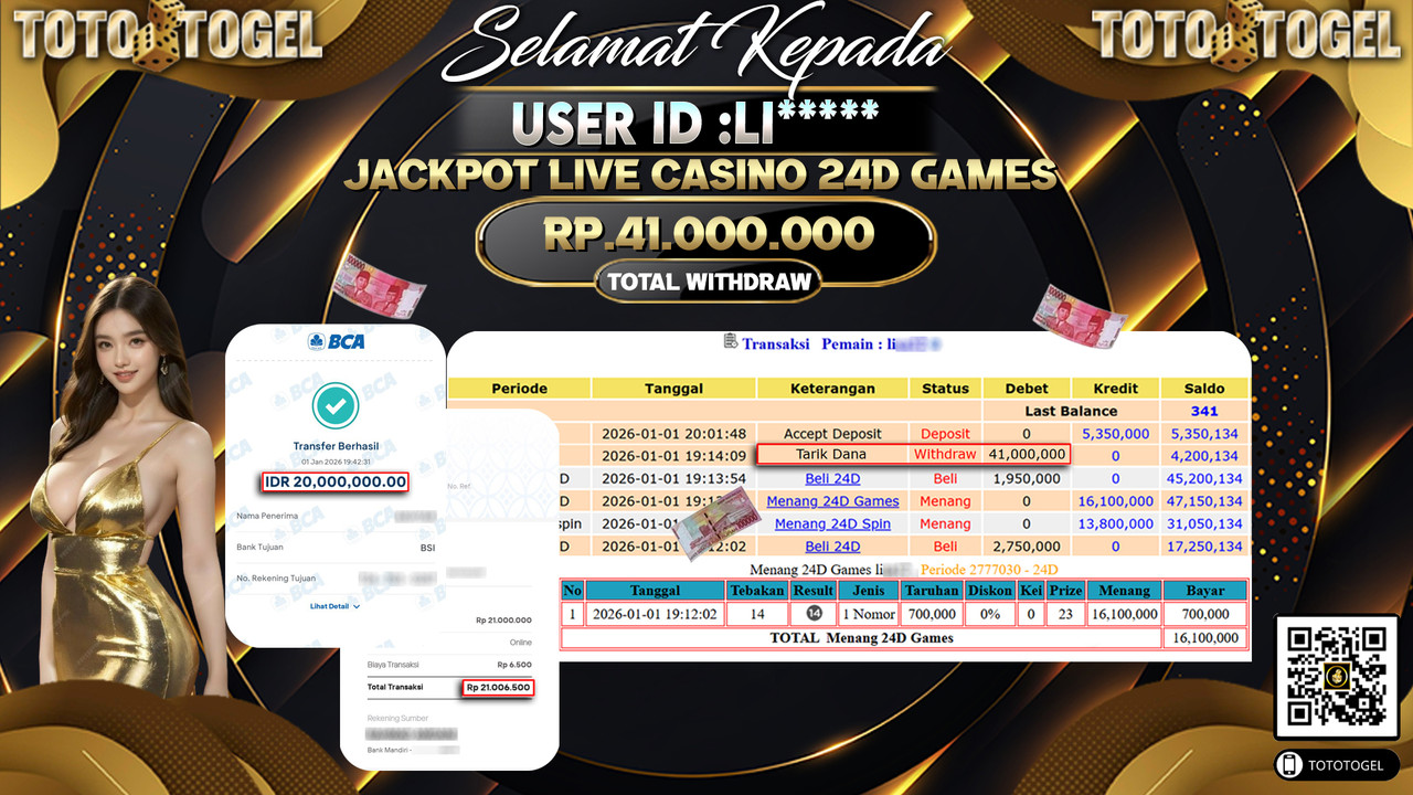Bukti Pembayaran Jackpot Permainan Live Casino 24D Games ID:LI**** LUNAS