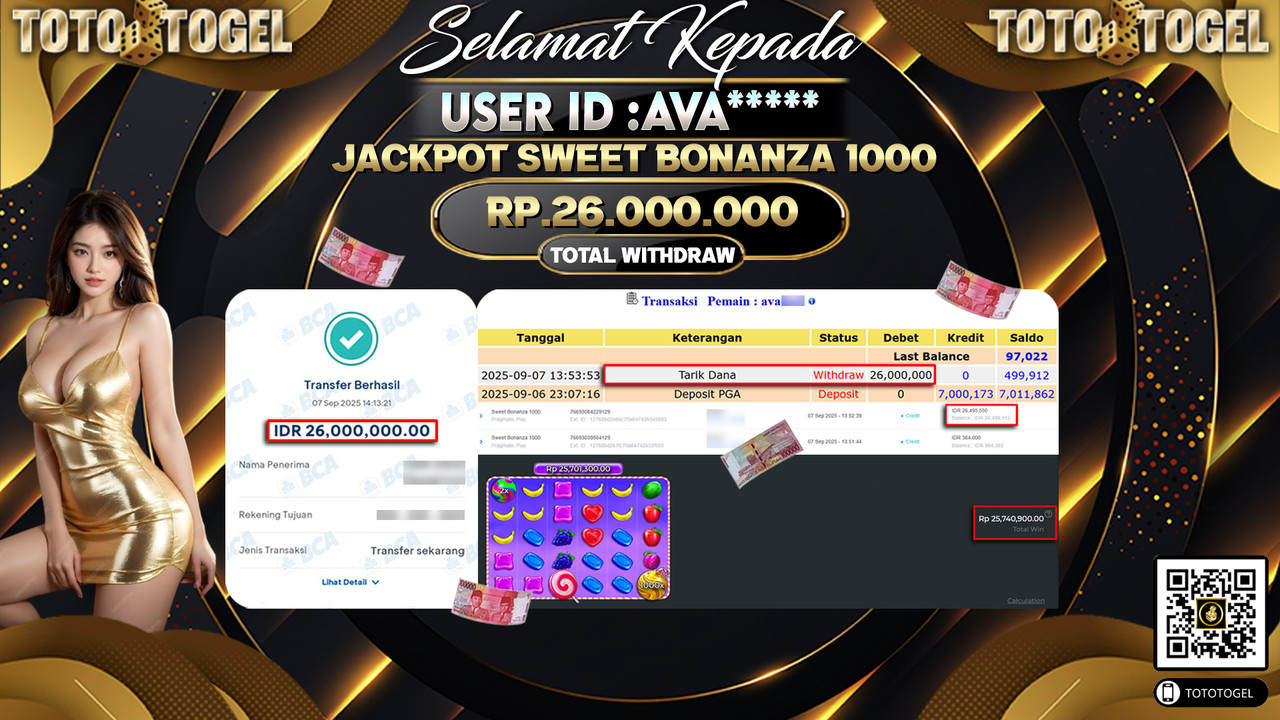Bukti Pembayaran Jackpot Permainan Slot Sweet Bonanza 1000 ID:AVA***** LUNAS