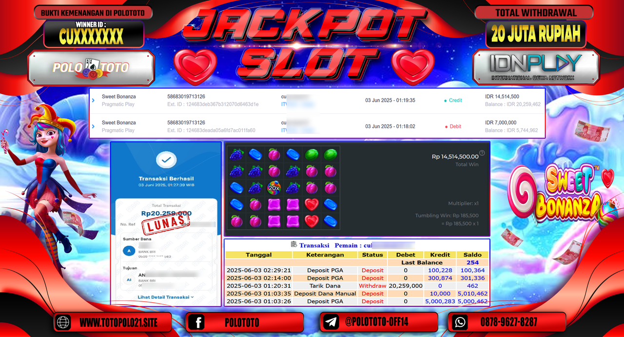 POLOTOTO JACKPOT SLOT SWEET BONANZA Rp.20.259.000,-