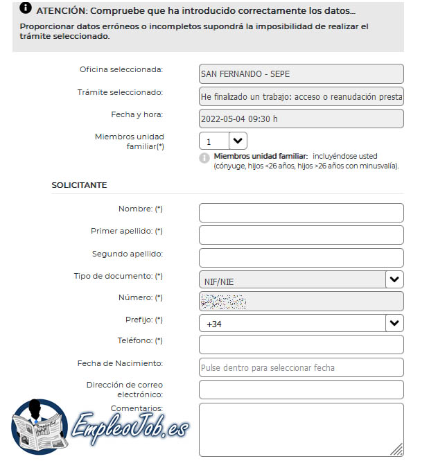 Datos de contacto para recibir la notificación de confirmación de la cita previa en el SEPE