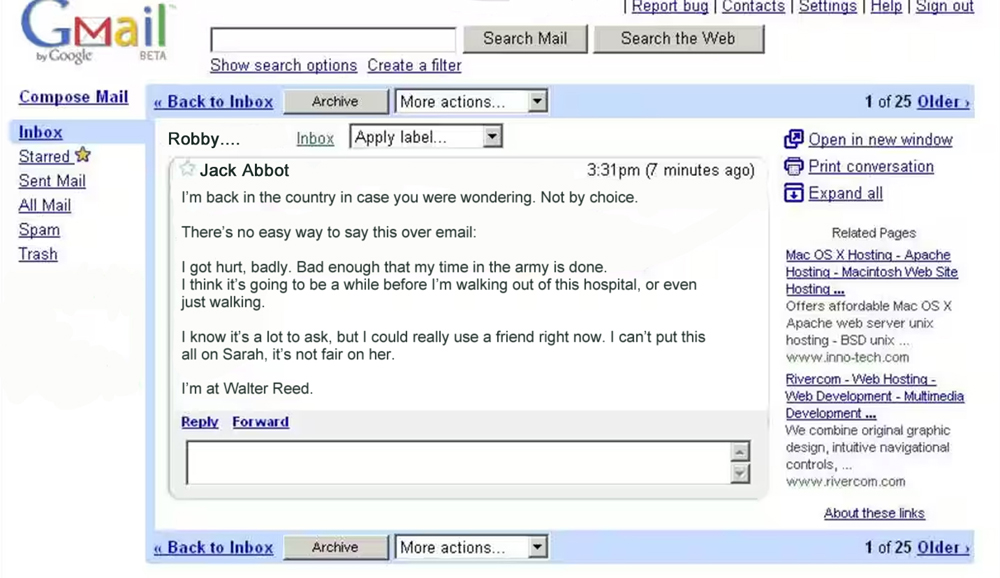 A screenshot of a 2004 Gmail email from Jack to Robby asking him to visit him in hospital as he could use a friend