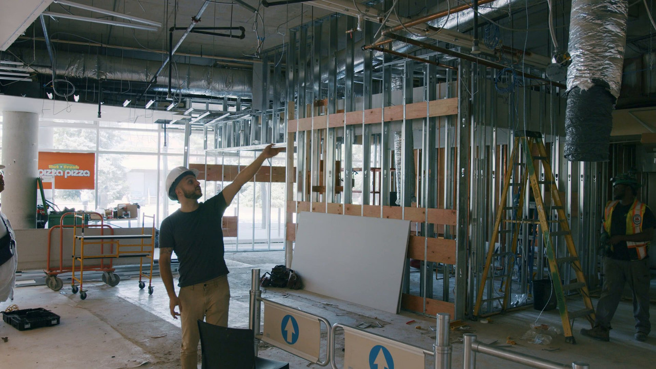 Steel stud framing and new ductwork inside the Tim Hortons renovation