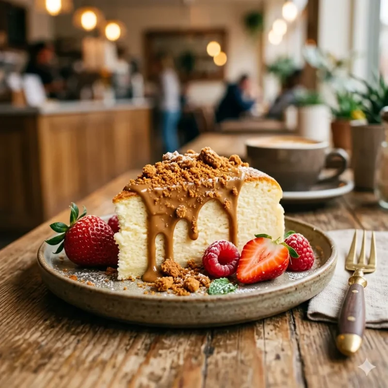 Serving Japanese Cheesecake with Biscoff Topping and Fresh Berries