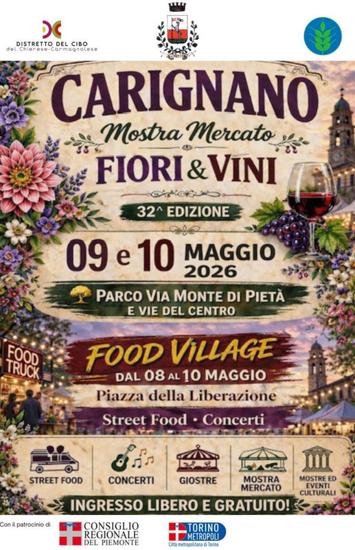 Da venerdì 8 a domenica 10 maggio 2026 a Carignano (To) è tempo di “Fiori & Vini”