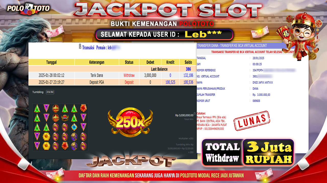 POLOTOTO JACKPOT SLOT GATES OF OLYMPUS 1000 Rp.3,000.000,-