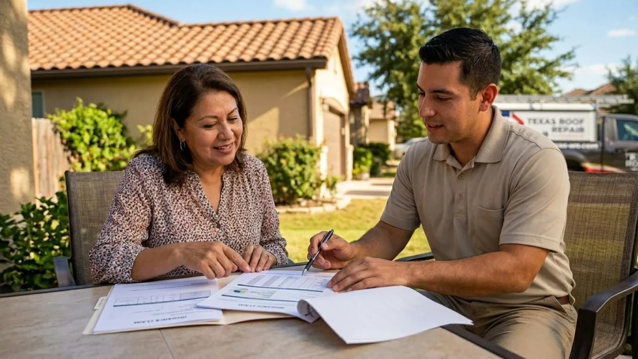 San Antonio homeowner reviewing roof insurance claim documents with a roofing contractor