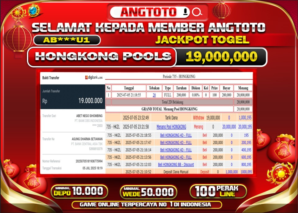 BUKTI PELUNASAN 5 JULY 2025 MENANG DI PASARAN HONGKONG POOLS TOTAL WD 19 JUTA
