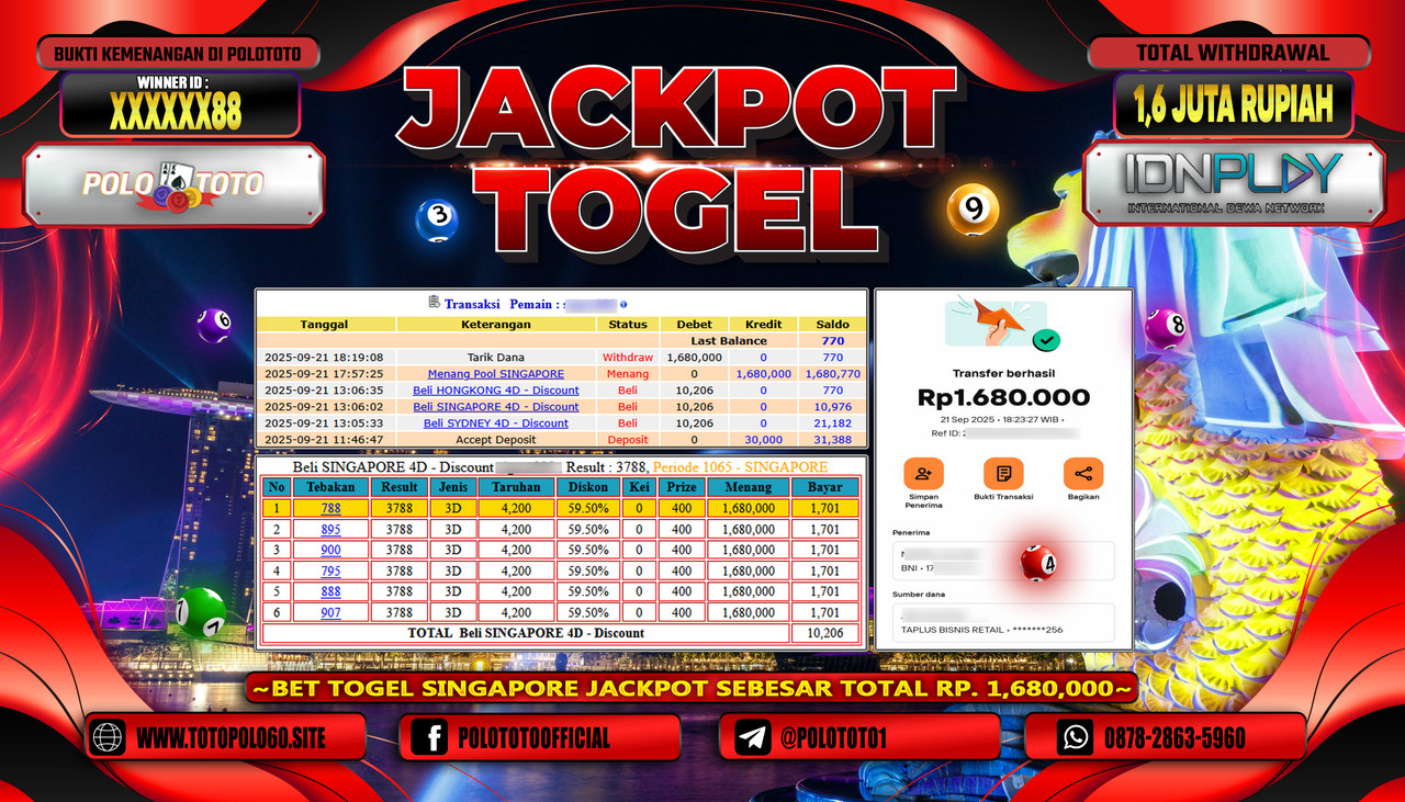 POLOTOTO JACKPOT TOGEL POOL SINGAPORE Rp.1.600.000,- LUNAS