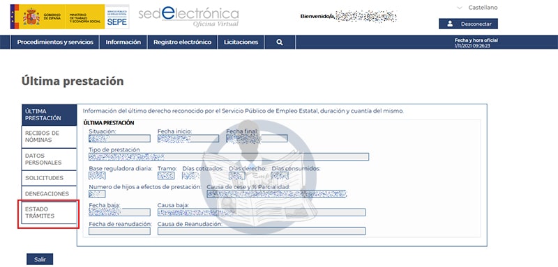 Consulta estado de trámites del SEPE