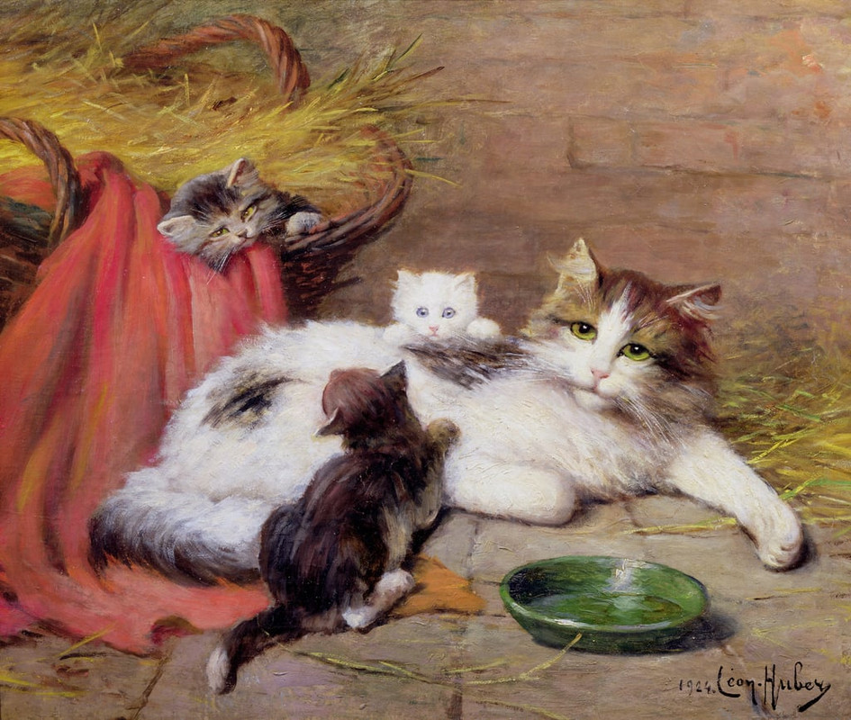 2-Leon_Charles_Huber_-_Cat_with_kittens_1924_-_(MeisterDrucke-198272)