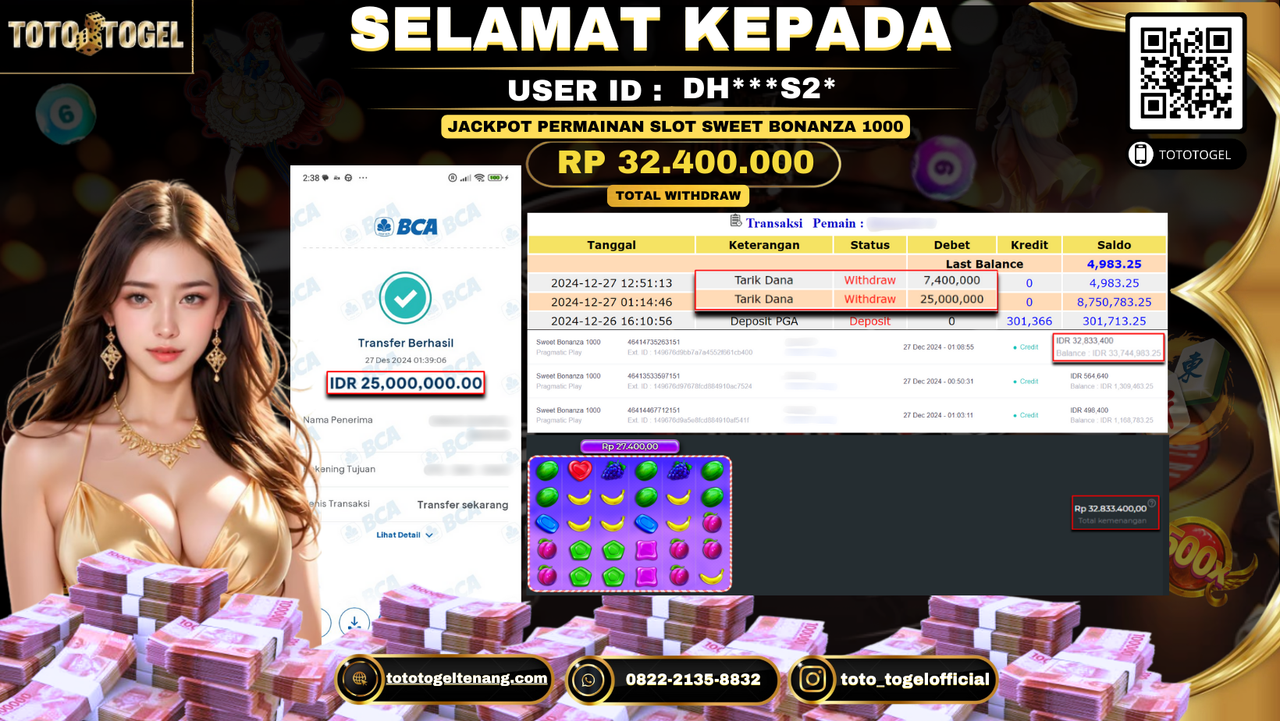 Bukti Pembayaran Jackpot  Permainan Slot Sweet Bonanza 1000  : DH***S2* LUNAS
