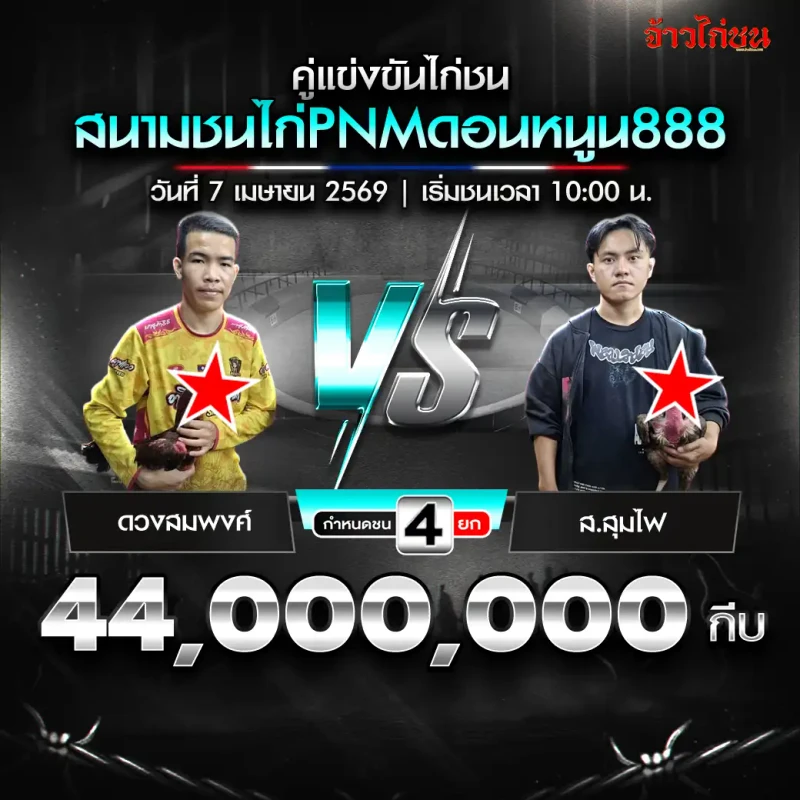 โปรแกรมไก่ชน สนาม PNM ดอนหนูน888 วันที่ 7 เมษายน 2569 ดวงสมพงศ์ vs รอประกบ