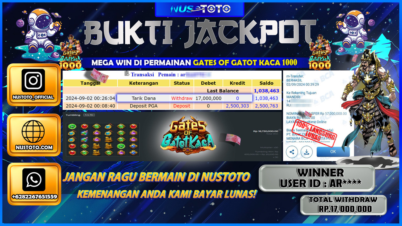 JACKPOT !! MENANG BESAR DI GATES OF GATOT KACA 100 SENILAI Rp. 17.000.000 LANGSUNG DI BAYAR LUNAS NUSTOTO !!