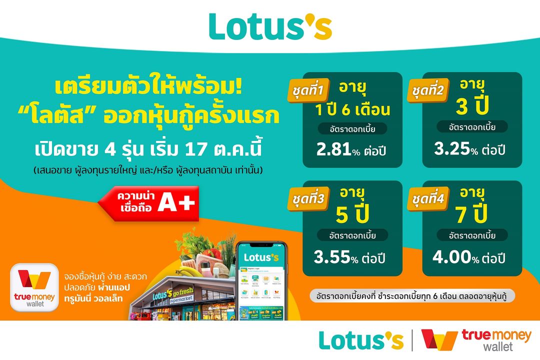กลับมาอีกครั้ง ทรูมันนี่เปิดจองซื้อหุ้นกู้ โลตัส บนทรูมันนี่วอลเล็ท เพื่อเพิ่มโอกาสการลงทุนแก่นักลงท