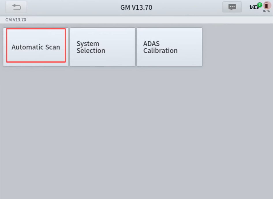 XTOOL scan tool GM menu, automatic scan highlighted