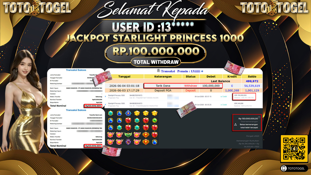 Bukti Pembayaran Jackpot Permainan Slot Starlight Princess 1000 ID:13*****LUNAS