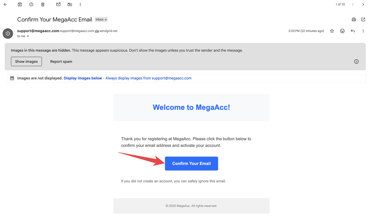Email verification message sent - Check your inbox to confirm your MegaAcc account