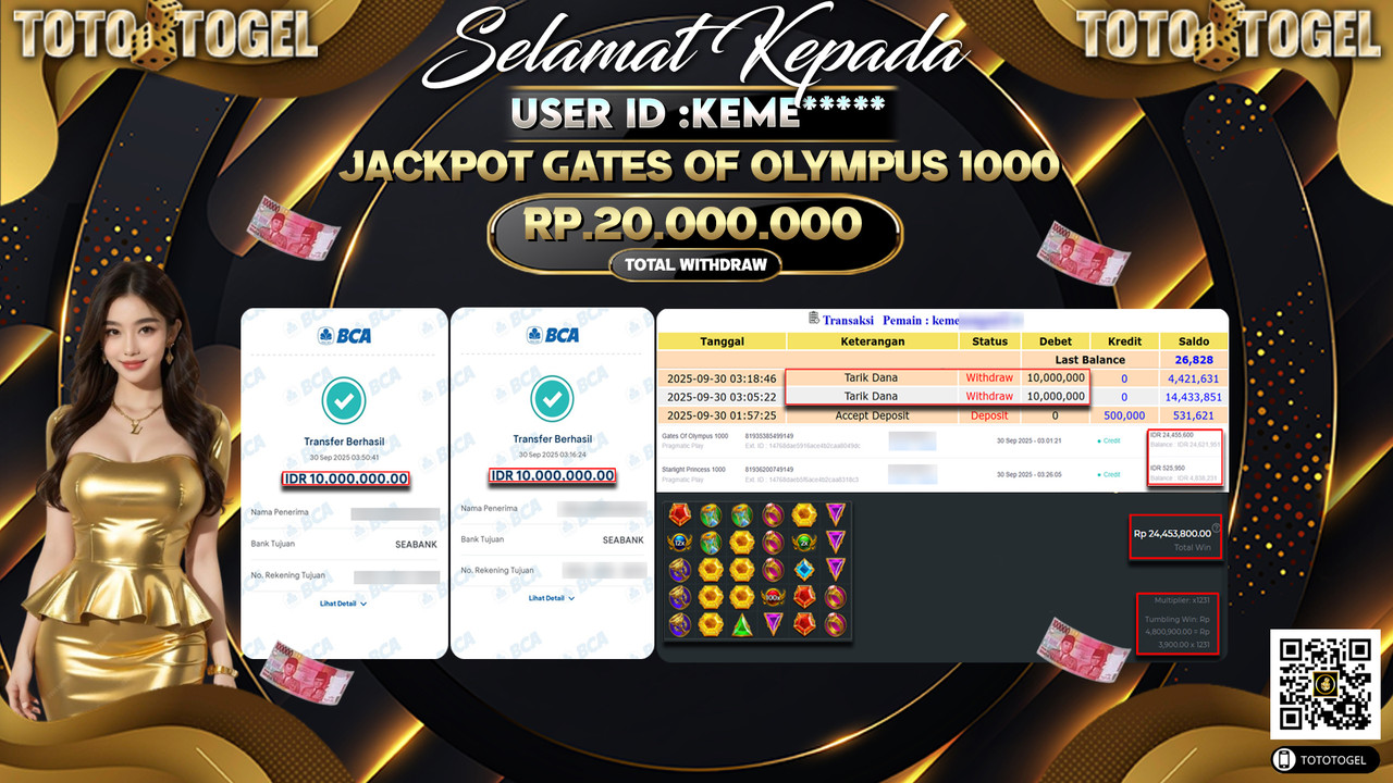 Bukti Pembayaran Jackpot Permainan Slot Gates Of Olympus 1000 ID:KEME*** LUNAS