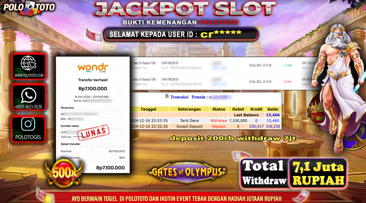POLOTOTO JACKPOT SLOT GATES OF OLYMPUS 1000 Rp.7,100.000,-