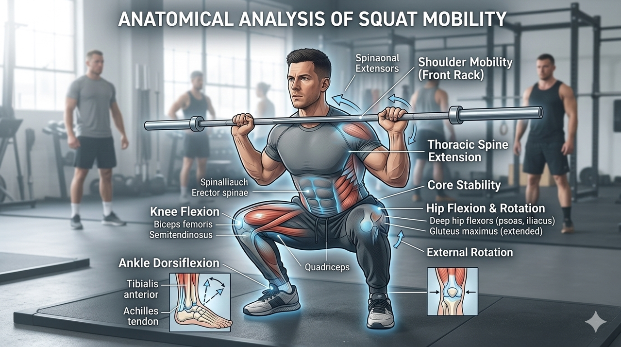 Infographic showing optimal range of motion requirements for ankles (45° dorsiflexion), hips (120° flexion), and thoracic spine for best mobility exercises for deeper squats