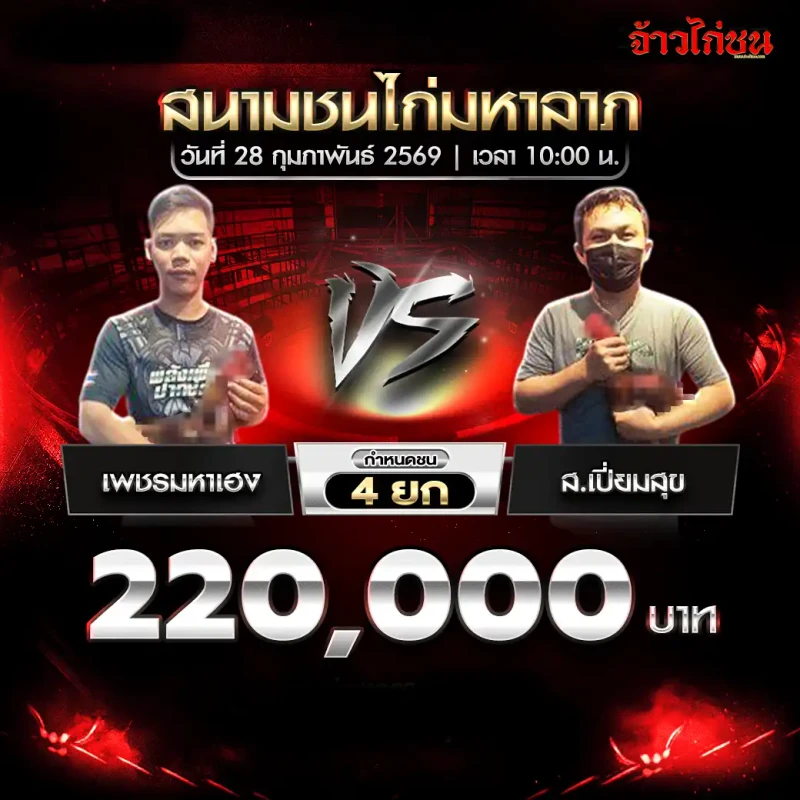 โปรแกรมไก่ชน สนามชนไก่มหาลาภ 28 กุมภาพันธ์ 2569 คู่ เพชรมหาเฮง vs ส.เปี่ยมสุข เงินรางวัล 220,000 บาท