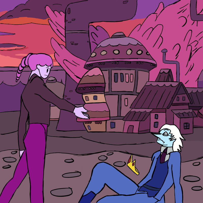 Bubblegum reaching out a hand to Winter King.