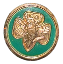 a green enamel pin with gold trim and a gold girl scouts of america trefoil symbol on it