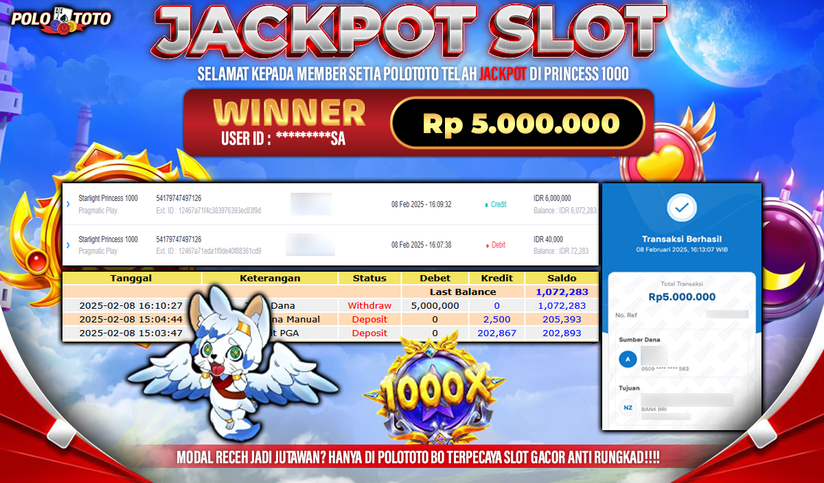 POLOTOTO JACKPOT SLOT STARLIGHT PRINCESS 1000 Rp.5,000.000,-