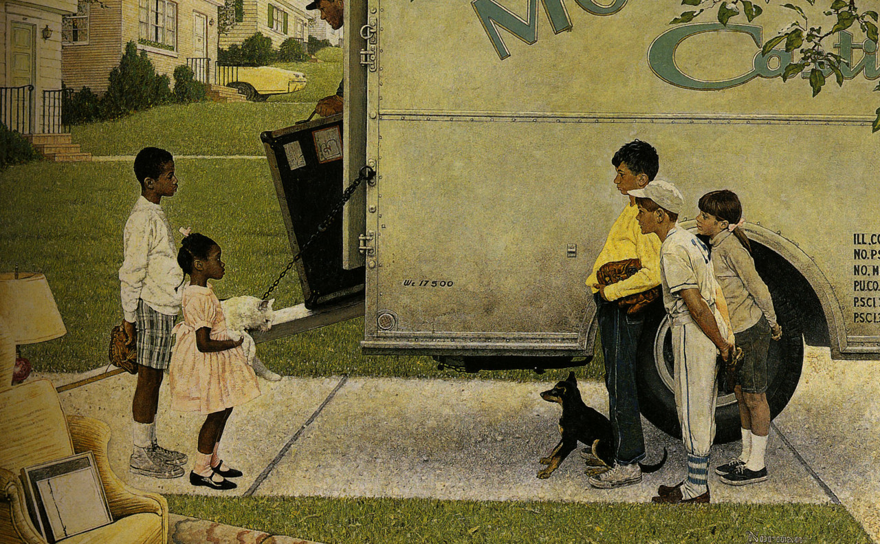 1967-Norman-Rockwell-Nouveaux-arrivants-Newcomers-Huile-sur-Toile-93x146-cm