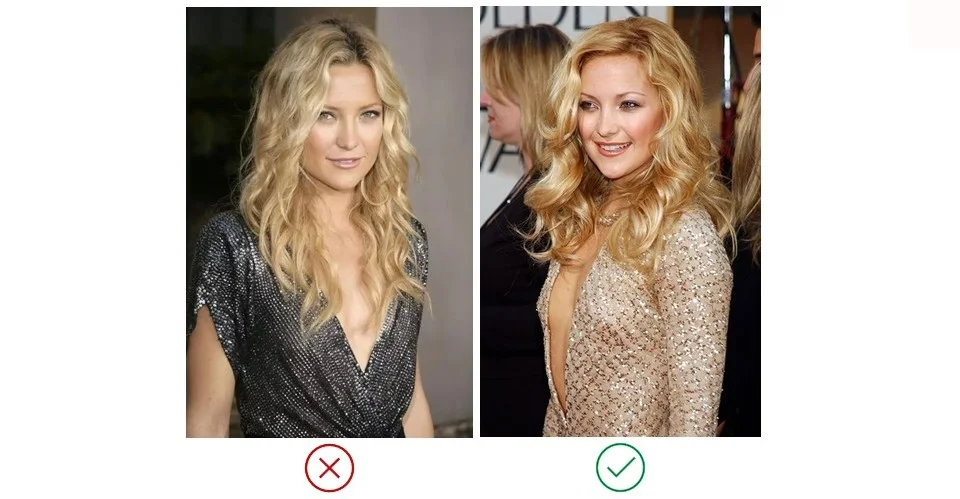 Test des bijoux de colorimétrie sur une femme sur Kate hudson robe doré (chaud) qui lui va vs robe argenté (froid) qui ne lui va pas