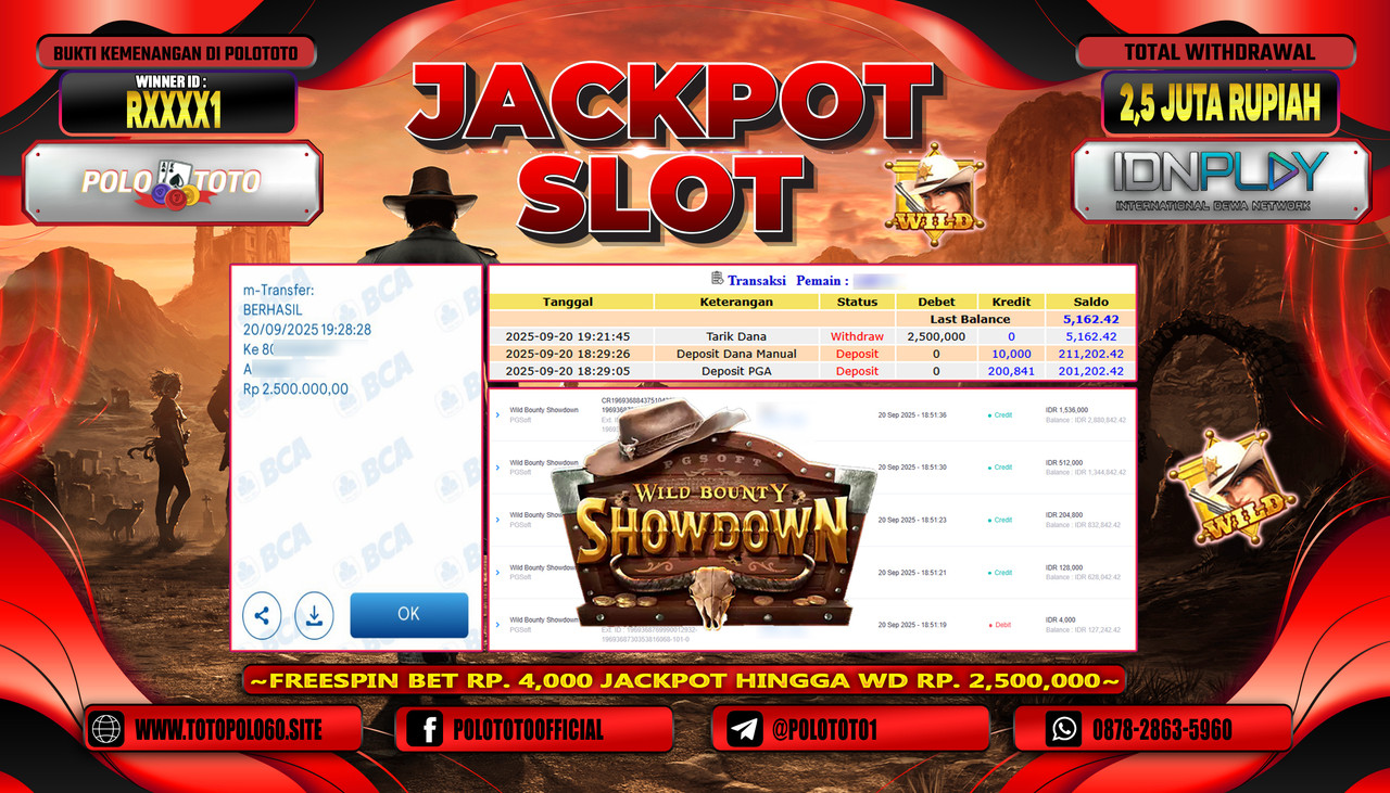 POLOTOTO JACKPOT SLOT WILD BOUNTY SHOWDOWN Rp.2.500.000,- LUNAS