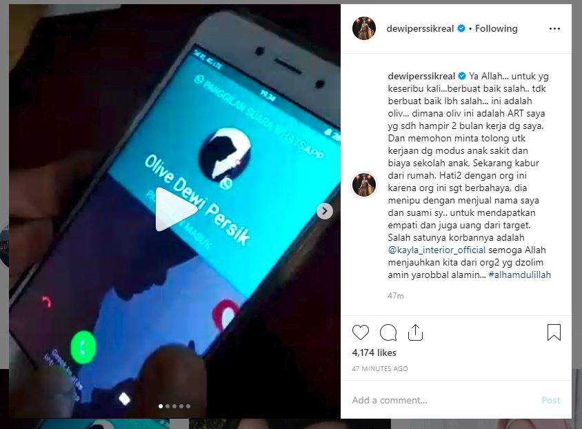 Unggahan Dewi Perssik tentang ARTnya yang lakukan penipuan