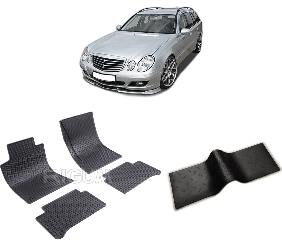 Set covorase auto MERCEDES E-CLASS W211 din 2003-10.2009, cu covoras tunel median, CAROSERIE COMBI, Presuri cauciuc 100%, compatibil cu autoturismul MERCEDES E-CLASS W211, Rigum