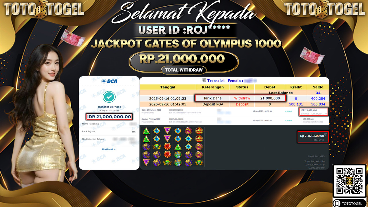 Bukti Pembayaran Jackpot Permainan Gates Of Olympus 1000  ID:ROJ*** LUNAS