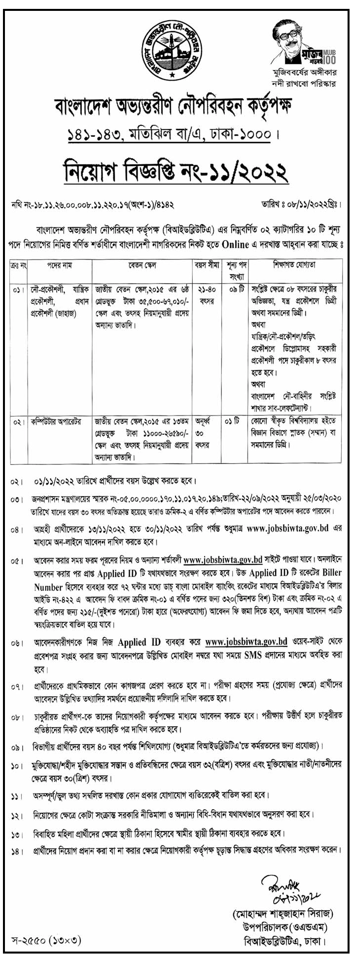 BIWTA job Circular 2022