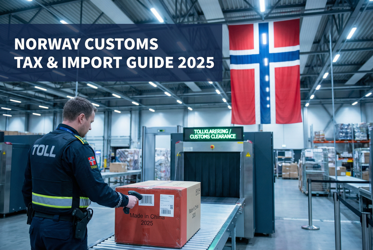 Oslo Gardermoen Airport cargo hall customs inspection - Tolletaten officers inspecting imported goods from China