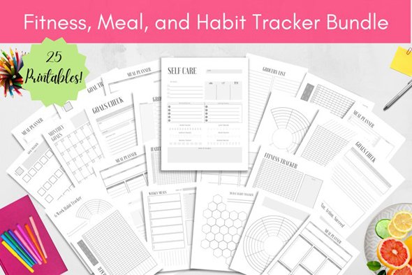 Fitness, Meal, and Habit Tracker Planner Bundle