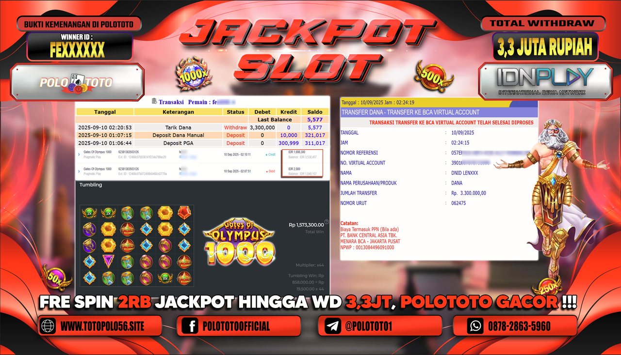 POLOTOTO JACKPOT SLOT GATES OF OLYMPUS 1000 Rp.3.300.000,- 