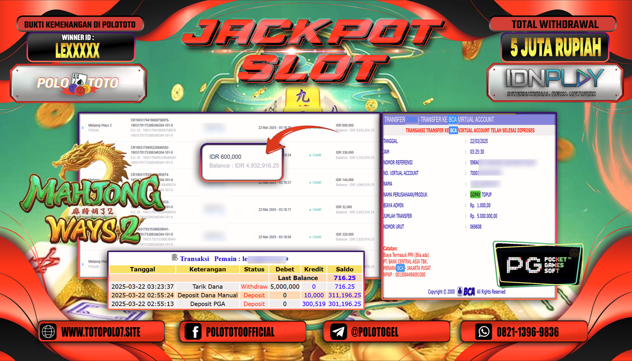 POLOTOTO JACKPOT SLOT MAHJONG WAYS 2 Rp.5.000.000,-