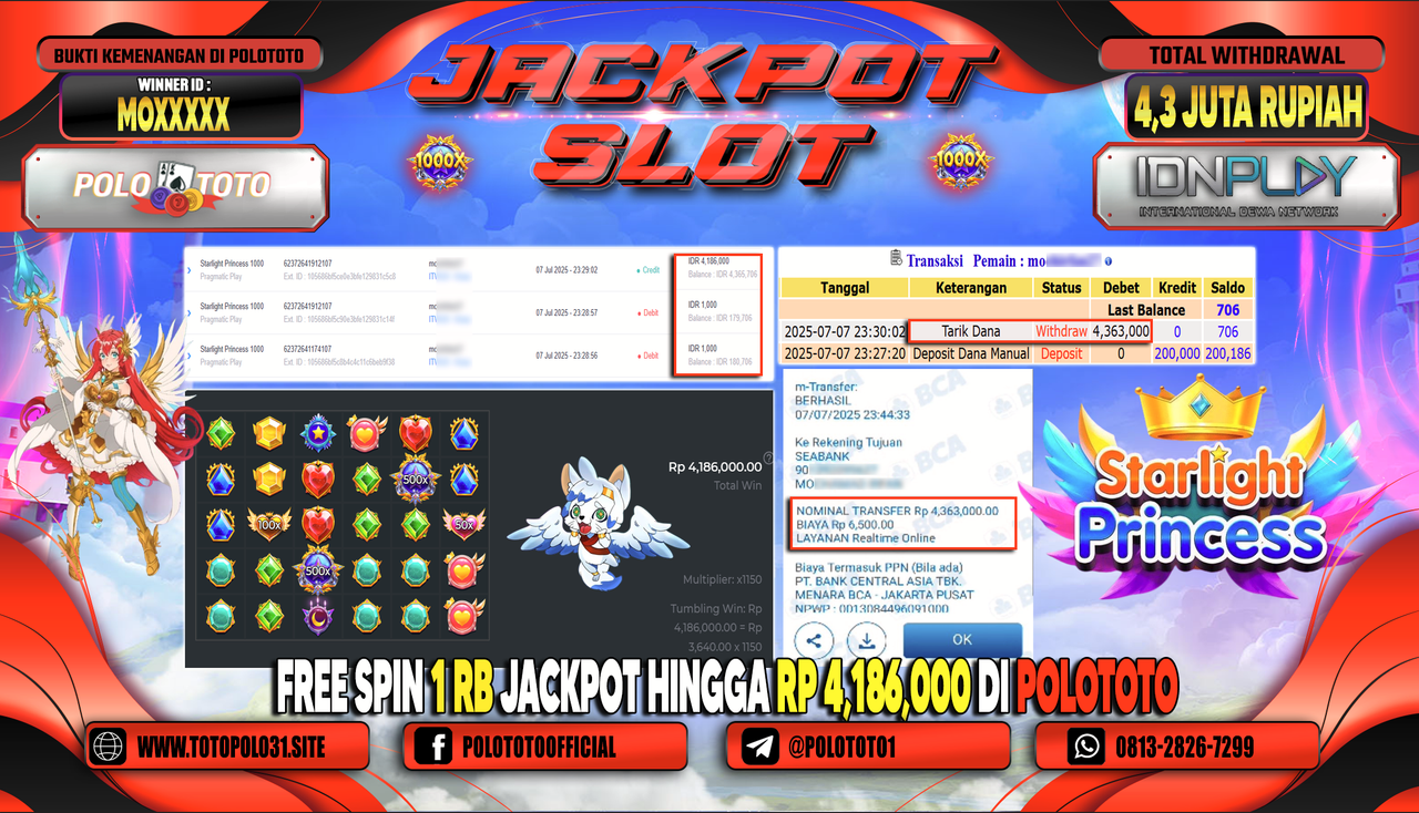 POLOTOTO JACKPOT SLOT STARLIGHT PRINCESS 1000 Rp.4.363.000,-
