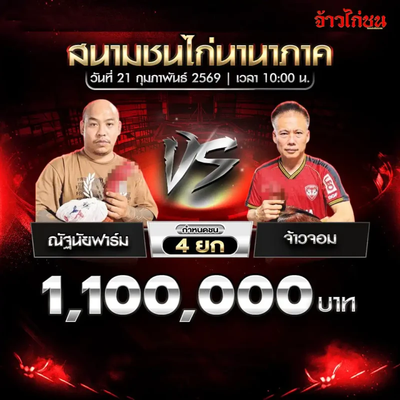 รูปคู่ที่ 3 ณัฐนัยฟาร์ม พบ จ้าวจอม โปรแกรมไก่ชน สนามชนไก่นานาภาค 21 ก.พ. 2569