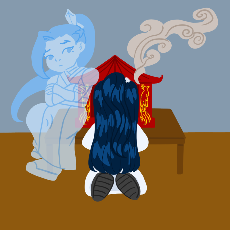 lmy kneels in front of lqg altar