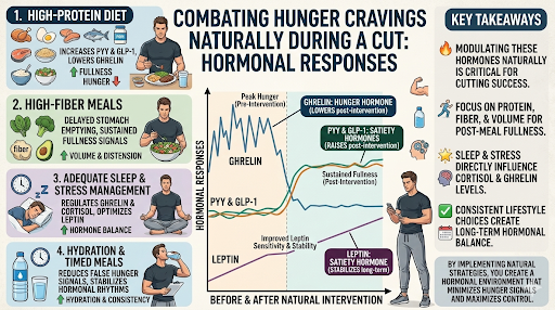 Chart showing ghrelin, leptin, GLP-1, and PYY responses for how to combat hunger cravings naturally during a cut