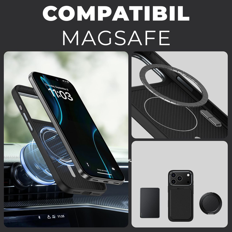 Husa pentru iPhone 17 Pro Daden® Armor Pro din fibra de aramida/Kevlar, MagSafe Integrat, Margini portejate, Protectie Antisoc, Camera Ultra Safe, Negru