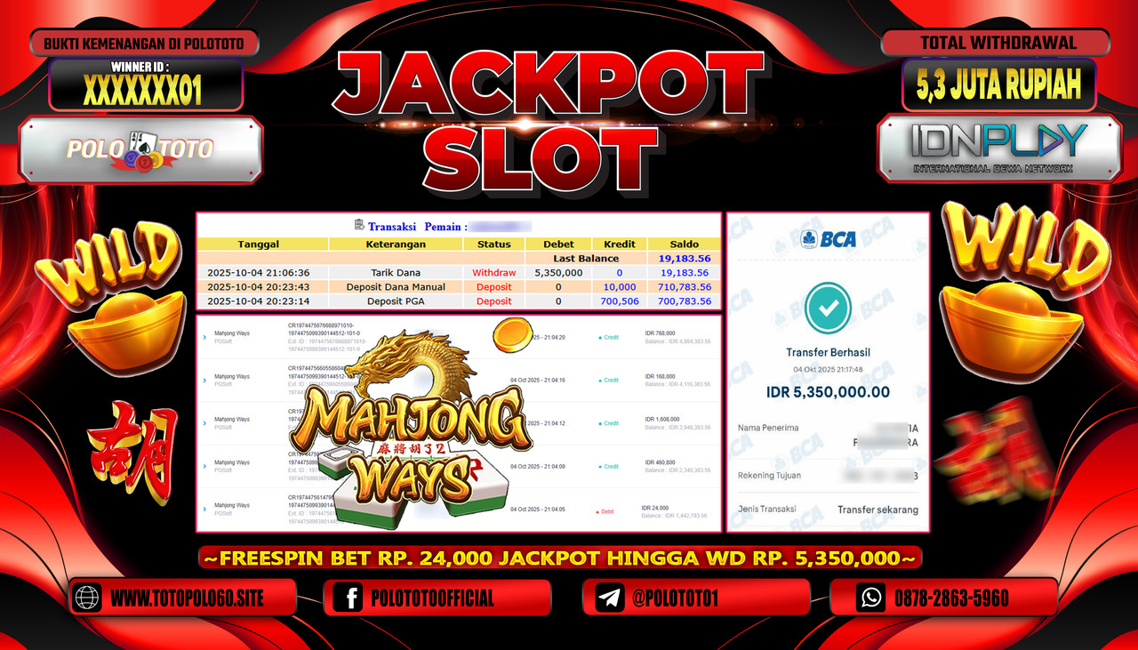 POLOTOTO JACKPOT SLOT MAHJONG WAYS Rp.5.300.000,- LUNAS