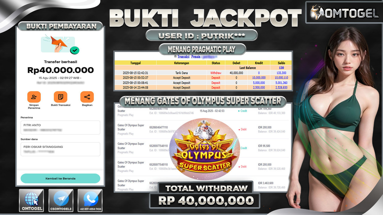 OMTOGEL JACKPOT PRAGMATIC PLAY GATES OF OLYMPUS SUPER SCATTER 40 JUTA DI BAYAR LUNAS ,-