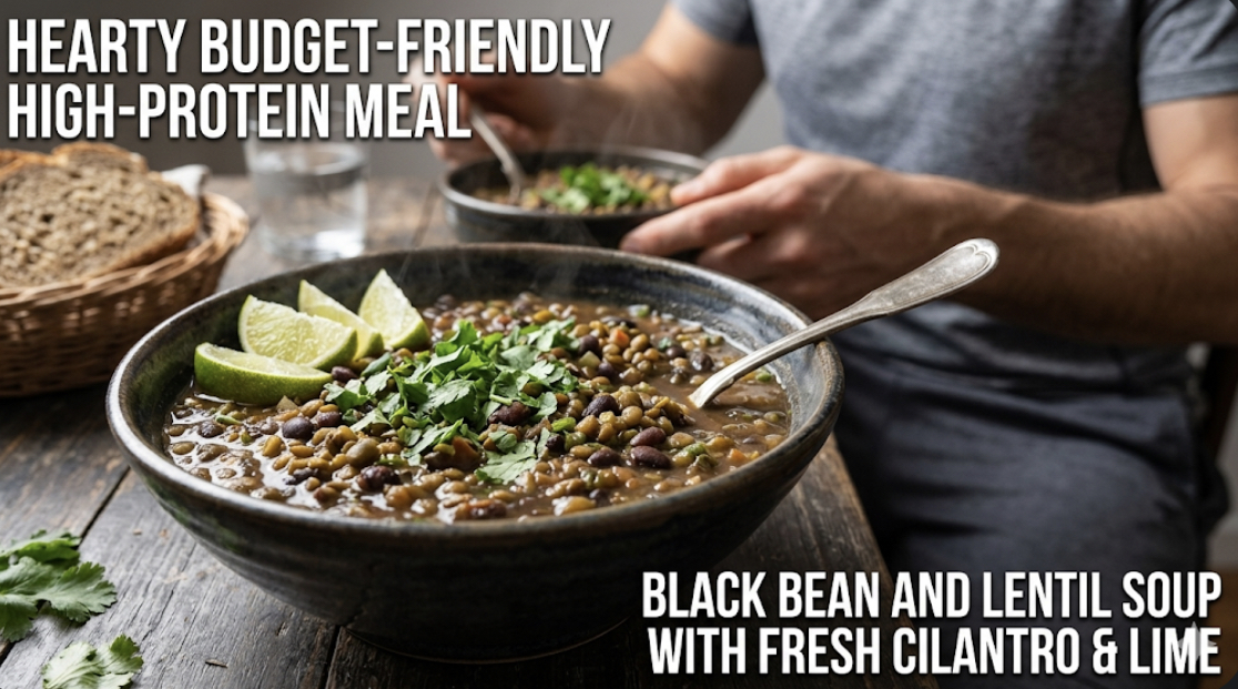 Bowl of black bean and lentil soup with fresh cilantro and lime wedge, hearty budget-friendly high-protein meal for satiety