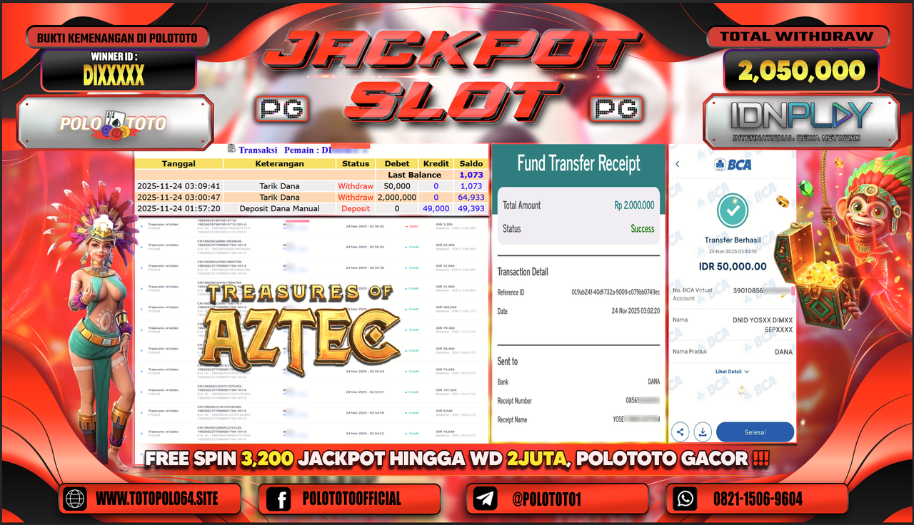 POLOTOTO JACKPOT SLOT TREASURES OF AZTEC Rp.2.050.000,- LUNAS