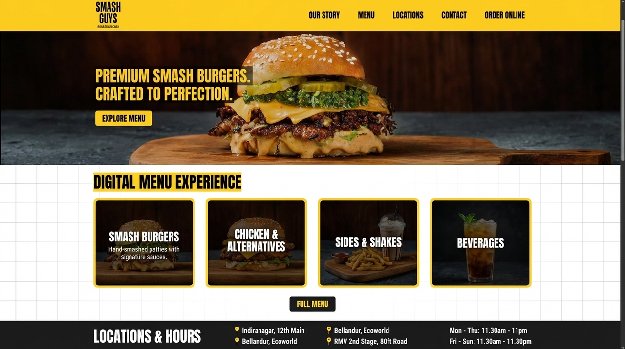 Smash Guys homepage redesign concept showing premium burger photography, digital menu categories, and Bangalore outlet locations
